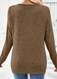 Long-Sleeved V-Neck Elegant Gathered Button Solid Color T-Shirt