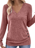 Long-Sleeved V-Neck Elegant Gathered Button Solid Color T-Shirt