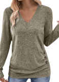 Long-Sleeved V-Neck Elegant Gathered Button Solid Color T-Shirt