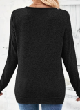 Long-Sleeved V-Neck Elegant Gathered Button Solid Color T-Shirt