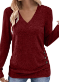 Long-Sleeved V-Neck Elegant Gathered Button Solid Color T-Shirt