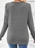 Long-Sleeved V-Neck Elegant Gathered Button Solid Color T-Shirt