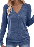 Long-Sleeved V-Neck Elegant Gathered Button Solid Color T-Shirt