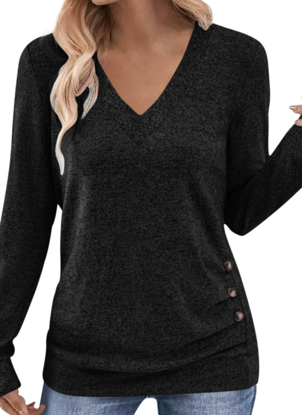 Long-Sleeved V-Neck Elegant Gathered Button Solid Color T-Shirt