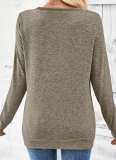 Long-Sleeved V-Neck Elegant Gathered Button Solid Color T-Shirt