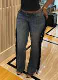Stylish Retro-style High-waisted Straight-leg Jeans With Fringed Edges