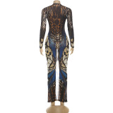 Fashionable Buttoned Patchwork Long-sleeved Low-neck Hip-covering Back Slit Dress
