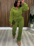 Stylish Zipper High Neck Fitted Fleece Sweatshirt and Drawstring Pants Tracksuit