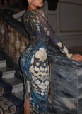 Fashionable Buttoned Patchwork Long-sleeved Low-neck Hip-covering Back Slit Dress