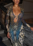 Fashionable Buttoned Patchwork Long-sleeved Low-neck Hip-covering Back Slit Dress