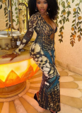 Fashionable Buttoned Patchwork Long-sleeved Low-neck Hip-covering Back Slit Dress