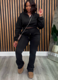 Stylish Zipper High Neck Fitted Fleece Sweatshirt and Drawstring Pants Tracksuit