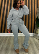 Stylish Zipper High Neck Fitted Fleece Sweatshirt and Drawstring Pants Tracksuit