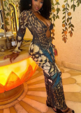 Fashionable Buttoned Patchwork Long-sleeved Low-neck Hip-covering Back Slit Dress