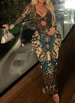 Fashionable Buttoned Patchwork Long-sleeved Low-neck Hip-covering Back Slit Dress