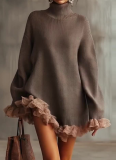Knitted Turtleneck Ruffled Patchwork Long-sleeved Gray Sweater