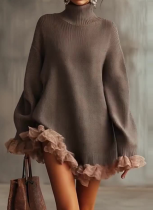 Knitted Turtleneck Ruffled Patchwork Long-sleeved Gray Sweater