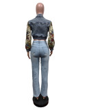 New Denim Print Stretch Slim Fit Denim Jacket Top
