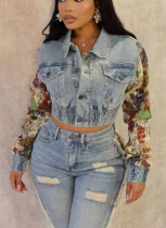 New Denim Print Stretch Slim Fit Denim Jacket Top