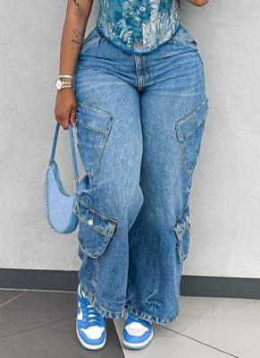 Fashionable Loose Light Blue Multi-pocket Versatile Jeans