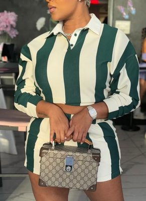 Fashionable Zebra Stripe Printed Shirt Collar Long Sleeve Top Short Suit