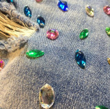 Stylish High-waisted Ripped Straight-leg Pants With Rhinestone Embellishments
