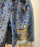 Stylish High-waisted Ripped Straight-leg Pants With Rhinestone Embellishments