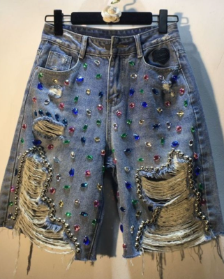 Stylish High-waisted Ripped Straight-leg Pants With Rhinestone Embellishments