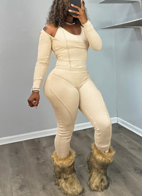 Casual Ribbed Halter Vest U-Neck Long-Sleeved Linened Trousers Three-Piece Set