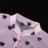 Fashionable Heart Stand-up Collar Puff Sleeve Top Camisole Inner Skirt Three-piece Set