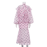 Fashionable Heart Stand-up Collar Puff Sleeve Top Camisole Inner Skirt Three-piece Set