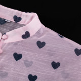 Fashionable Heart Stand-up Collar Puff Sleeve Top Camisole Inner Skirt Three-piece Set