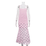 Fashionable Heart Stand-up Collar Puff Sleeve Top Camisole Inner Skirt Three-piece Set
