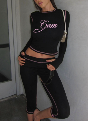 Fashionable Digital Print Long-sleeved Fitted Top and Pants Set