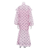 Fashionable Heart Stand-up Collar Puff Sleeve Top Camisole Inner Skirt Three-piece Set