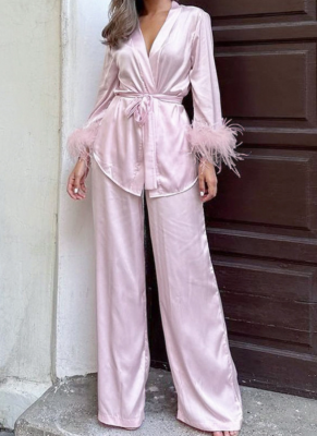 Fashionable Patchwork Feather Long-sleeved Tie-front Cardigan and High-waisted Wide-leg Pants Suit