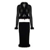Sexy Flocked Leopard Print Patchwork Cardigan and Skirt Two-piece Set