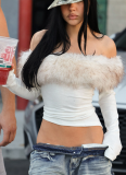 New Hot Girl Style Furry Patchwork Long-sleeved One-shoulder Asymmetrical Top