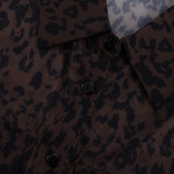 Stylish Leopard Print Collared Long-Sleeved Top and Slit Skirt Set