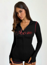 Stylish Color-Blocked Zip-Up Hooded Slim-Fit Knit Jumpsuit Shorts