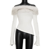 New Hot Girl Style Furry Patchwork Long-sleeved One-shoulder Asymmetrical Top