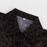 Stylish Leopard Print Collared Long-Sleeved Top and Slit Skirt Set