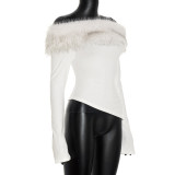 New Hot Girl Style Furry Patchwork Long-sleeved One-shoulder Asymmetrical Top