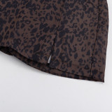 Stylish Leopard Print Collared Long-Sleeved Top and Slit Skirt Set
