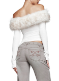 New Hot Girl Style Furry Patchwork Long-sleeved One-shoulder Asymmetrical Top
