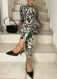 Stylish Leopard Print Long Sleeve Half Turtle Collar Sports Slim Jumpsuit