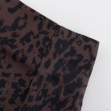 Stylish Leopard Print Collared Long-Sleeved Top and Slit Skirt Set