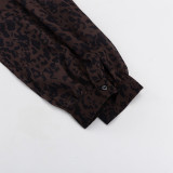 Stylish Leopard Print Collared Long-Sleeved Top and Slit Skirt Set