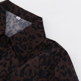 Stylish Leopard Print Collared Long-Sleeved Top and Slit Skirt Set