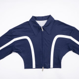 Color-blocked Collared Zip-up Cardigan Top and Wide-leg Drawstring Sweatpants Set
